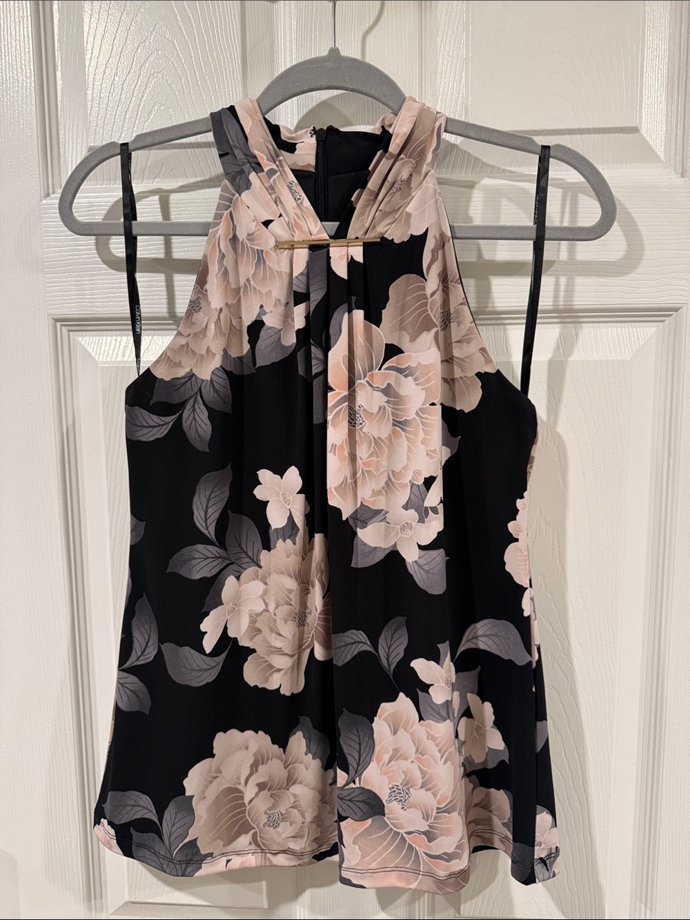 Calvin Klein Black Floral Halter Top with Blush Flowers